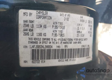 1992 Jeep Cherokee Laredo from USA, damaged, VIN 1J4FJ58S3NL208934